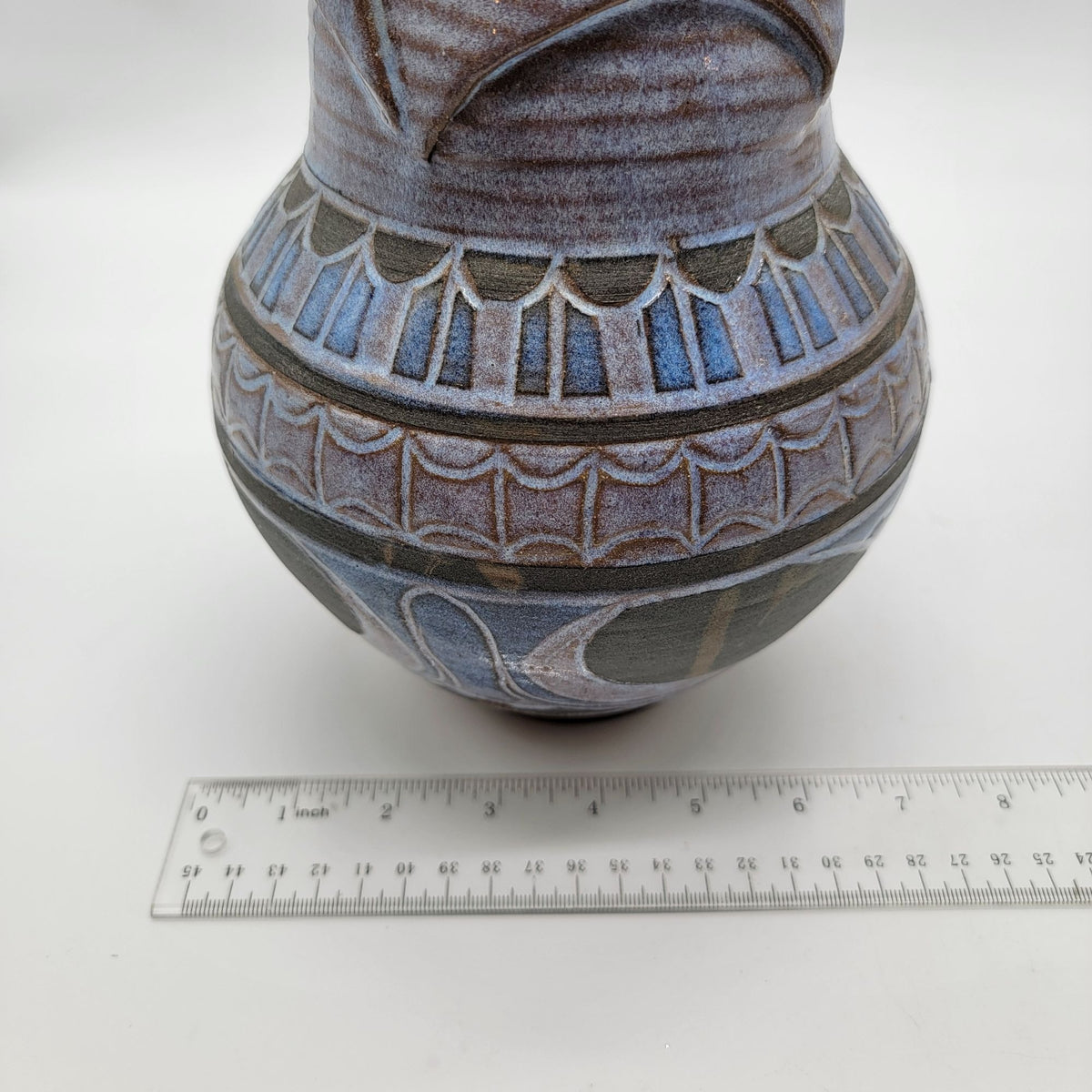 1993 Larry Allen Blue Incised Sgraffito Art Nouveau Style Pottery Vase