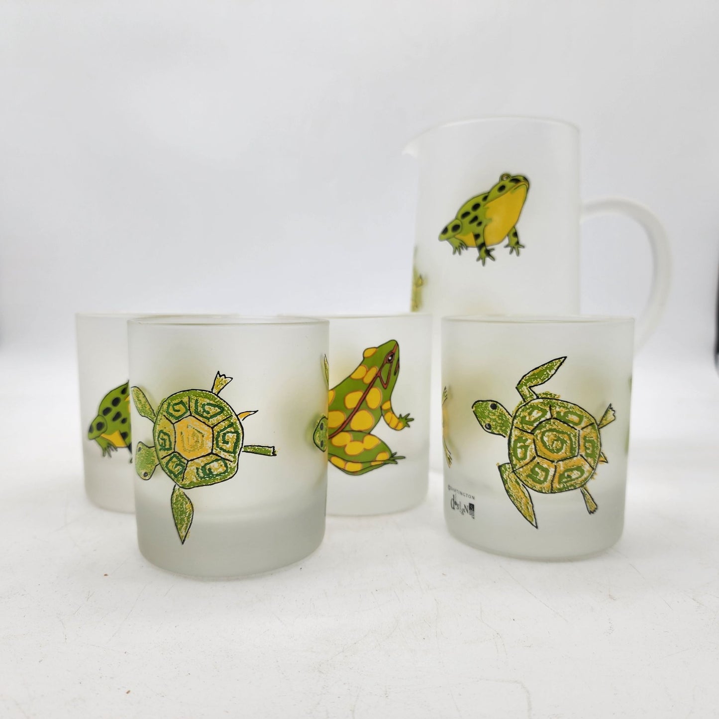 Dartington Designs Frosted Glass Pitcher and Cup Set With Hand-Painted Frogs & Turtles