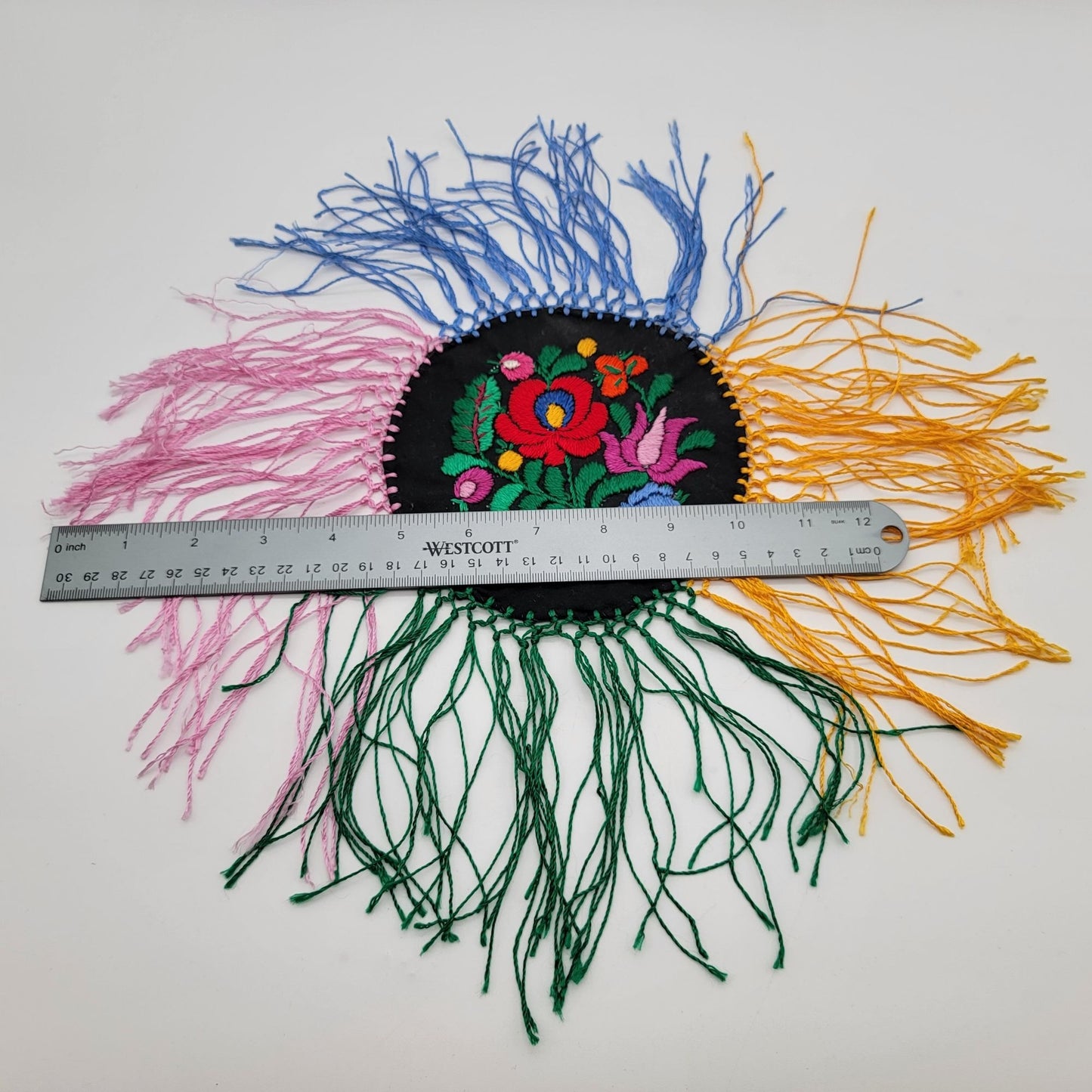 Vintage Hungarian Matyo Embroidered Fringed Doily