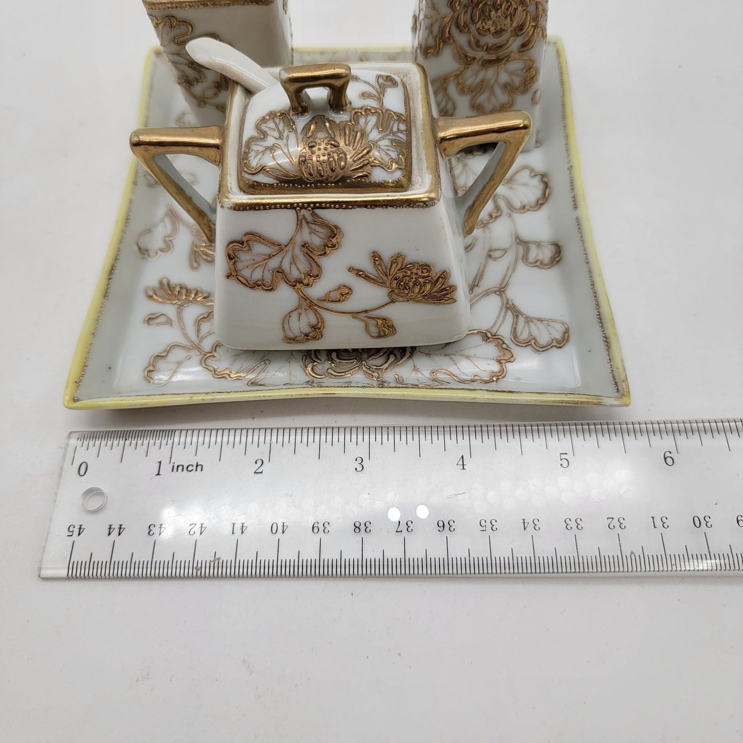 Antique Nagoya Shofu Nippon Porcelain Condiment Set Gold Gilded Floral Design 1890-1921