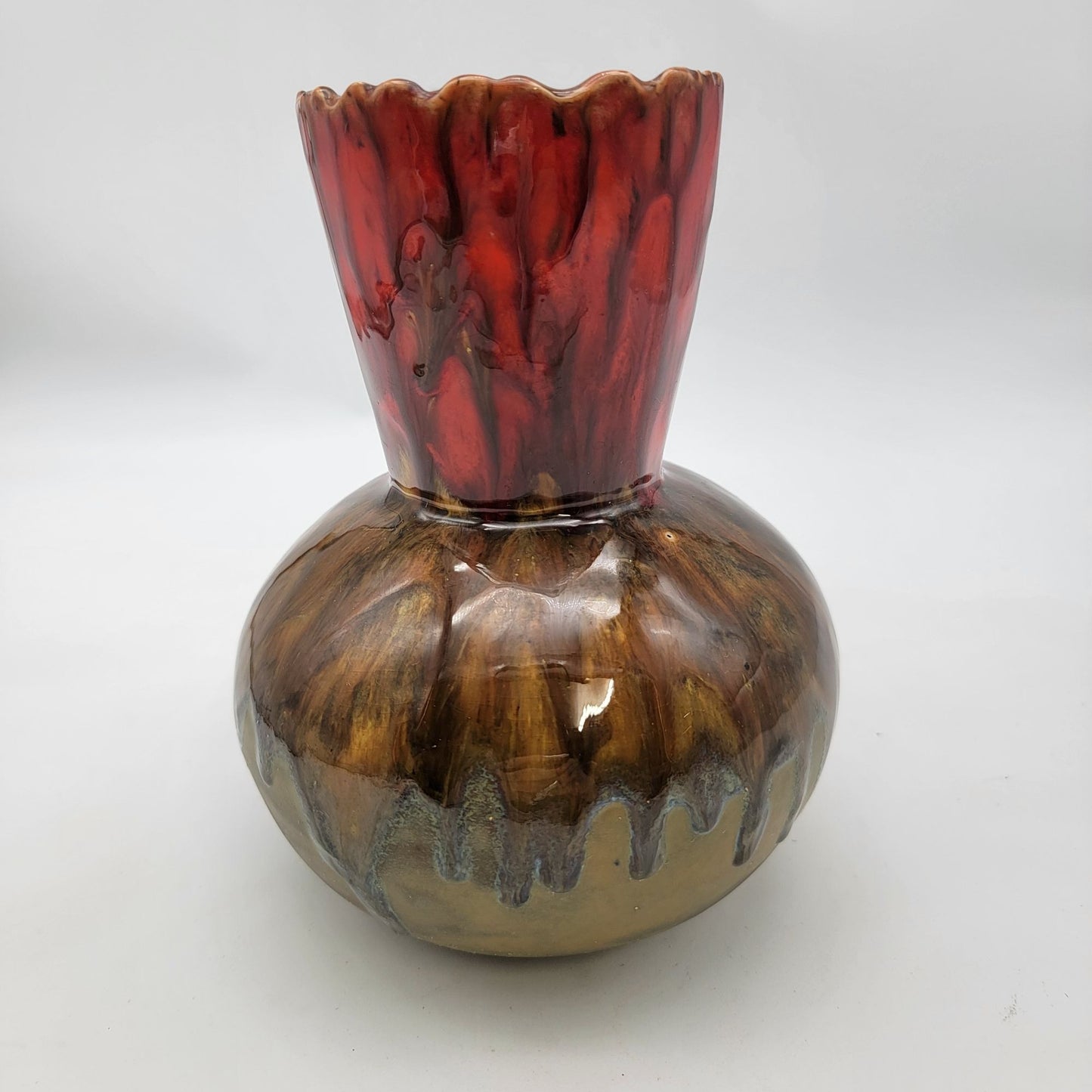 Sunset Canyon Pottery Vase With Scalloped Red & Brown Glaze
