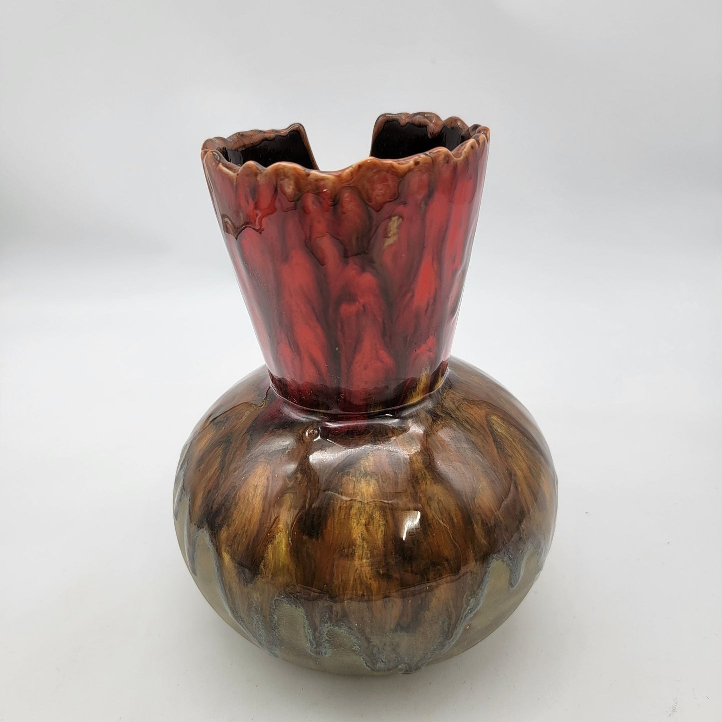 Sunset Canyon Pottery Vase With Scalloped Red & Brown Glaze