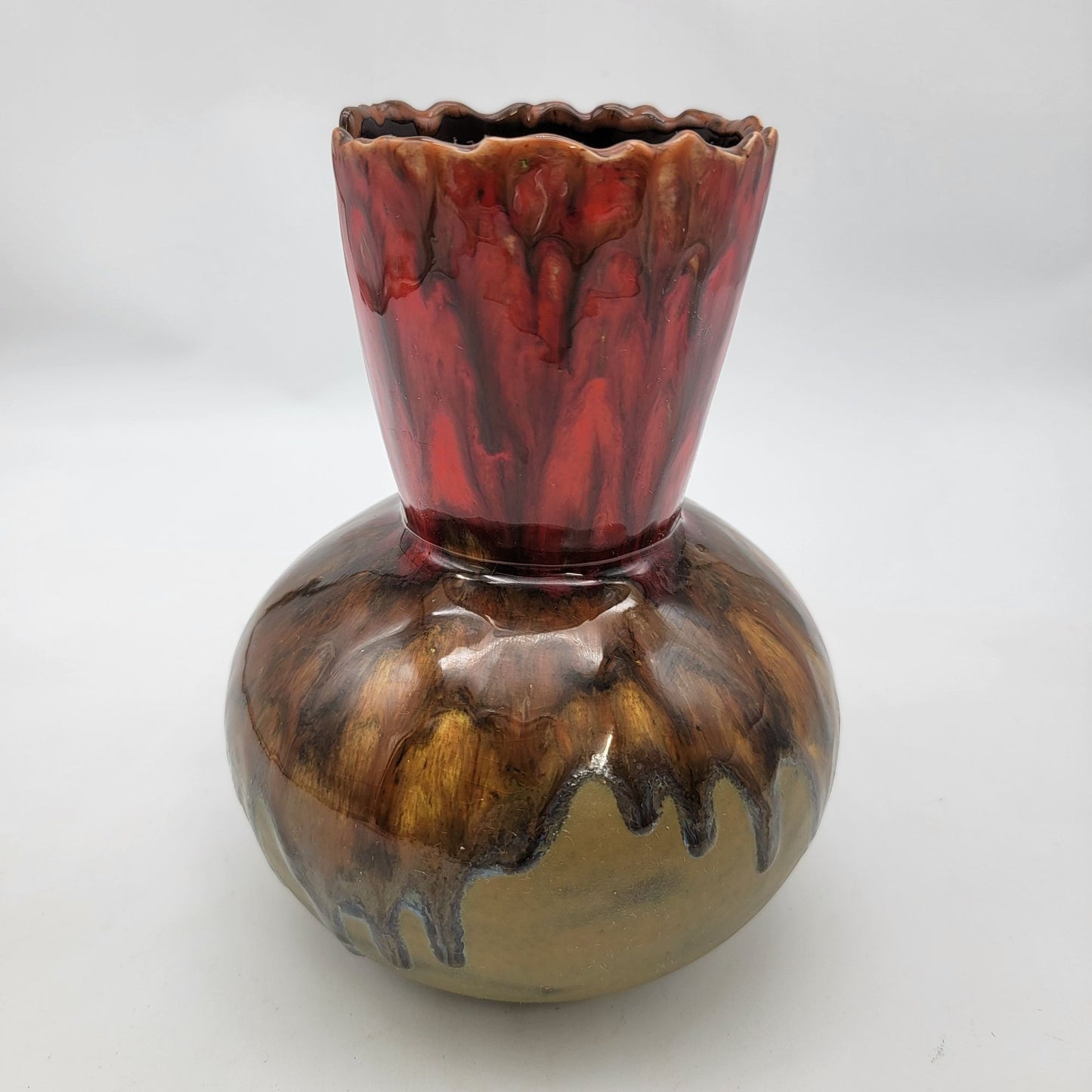 Sunset Canyon Pottery Vase With Scalloped Red & Brown Glaze
