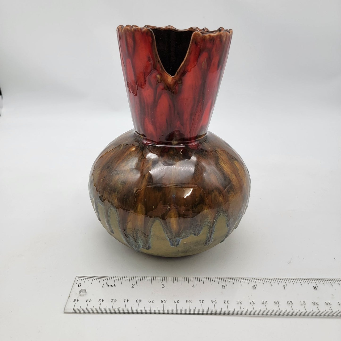Sunset Canyon Pottery Vase With Scalloped Red & Brown Glaze