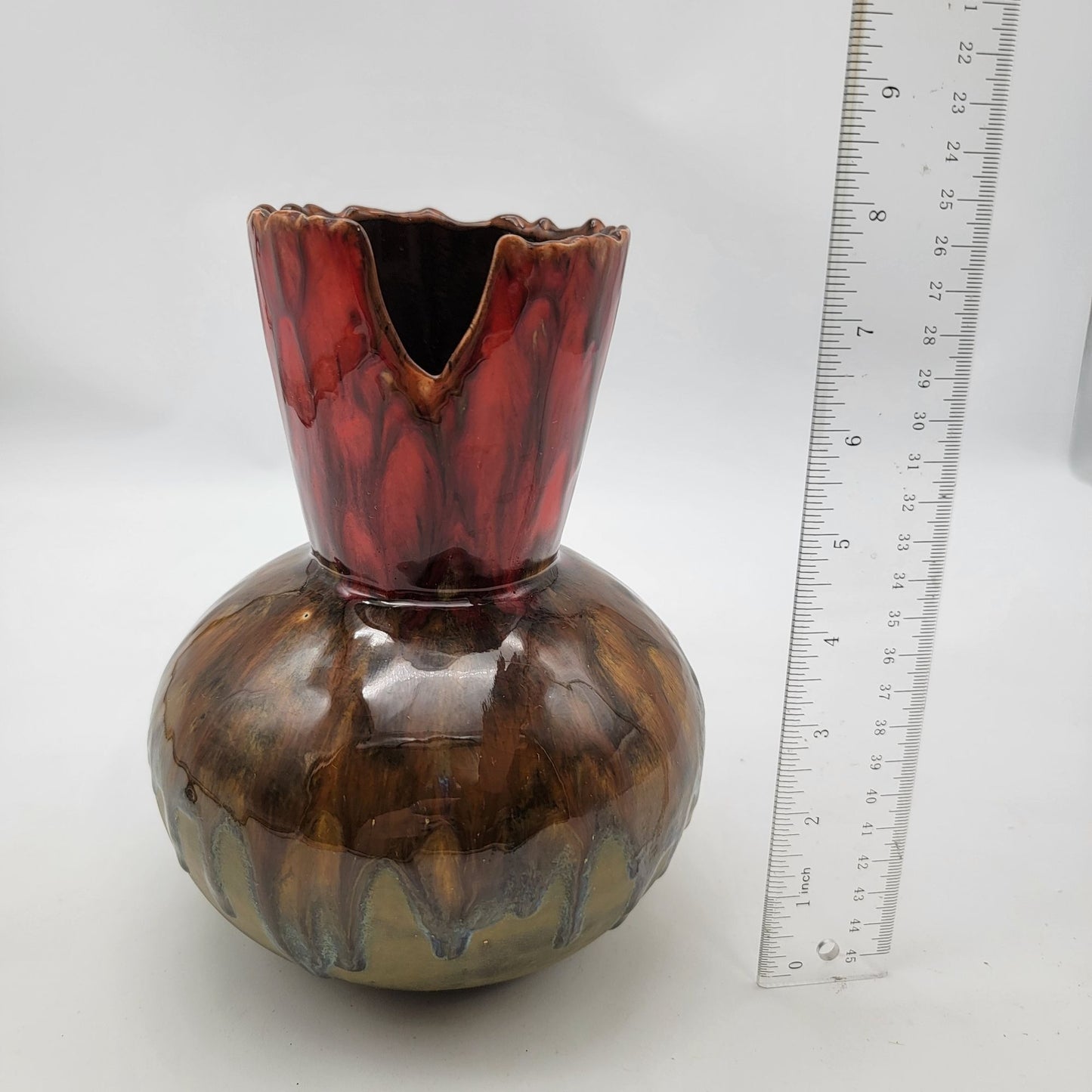 Sunset Canyon Pottery Vase With Scalloped Red & Brown Glaze