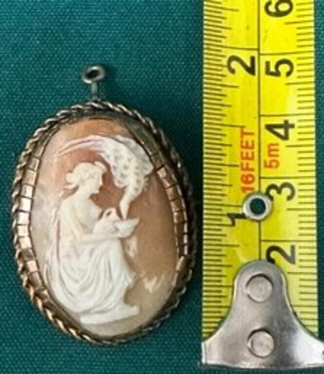 Antique CAMEO Hebe Large Gold And Carved Shell Hebe Feeding the Eagle of Zeus