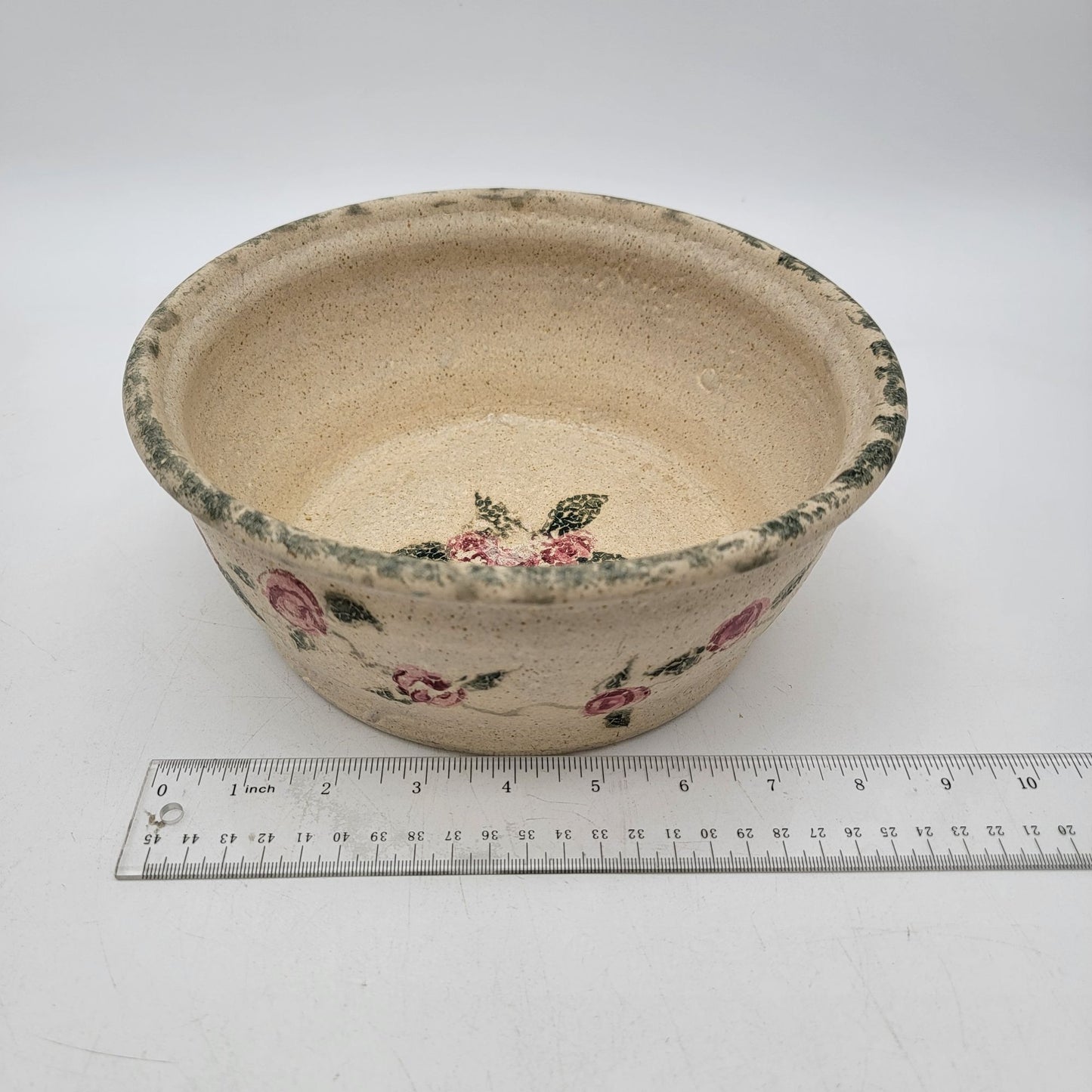 Vintage 1996 Handcrafted Stoneware Bowl With Roses