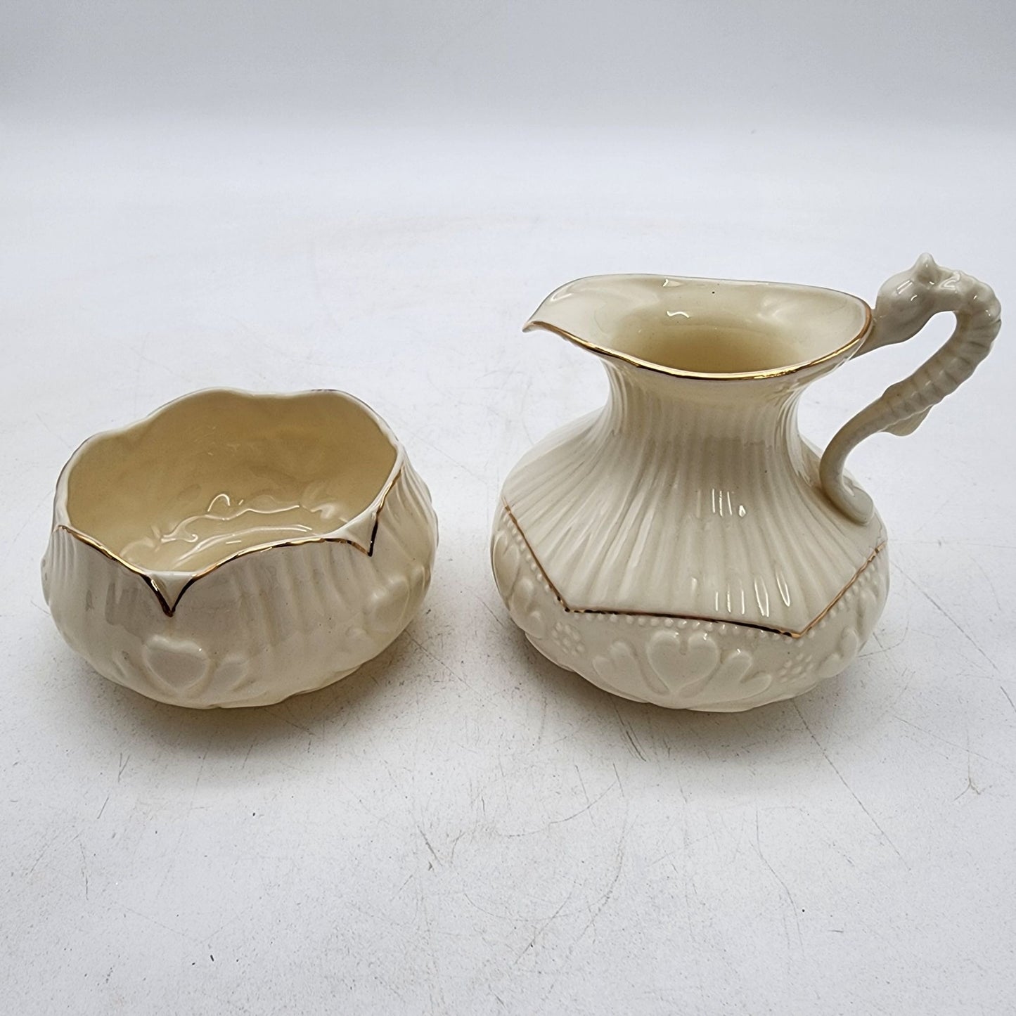Belleek Collectors Society Institute Seahorse Creamer and Sugar Bowl Ireland