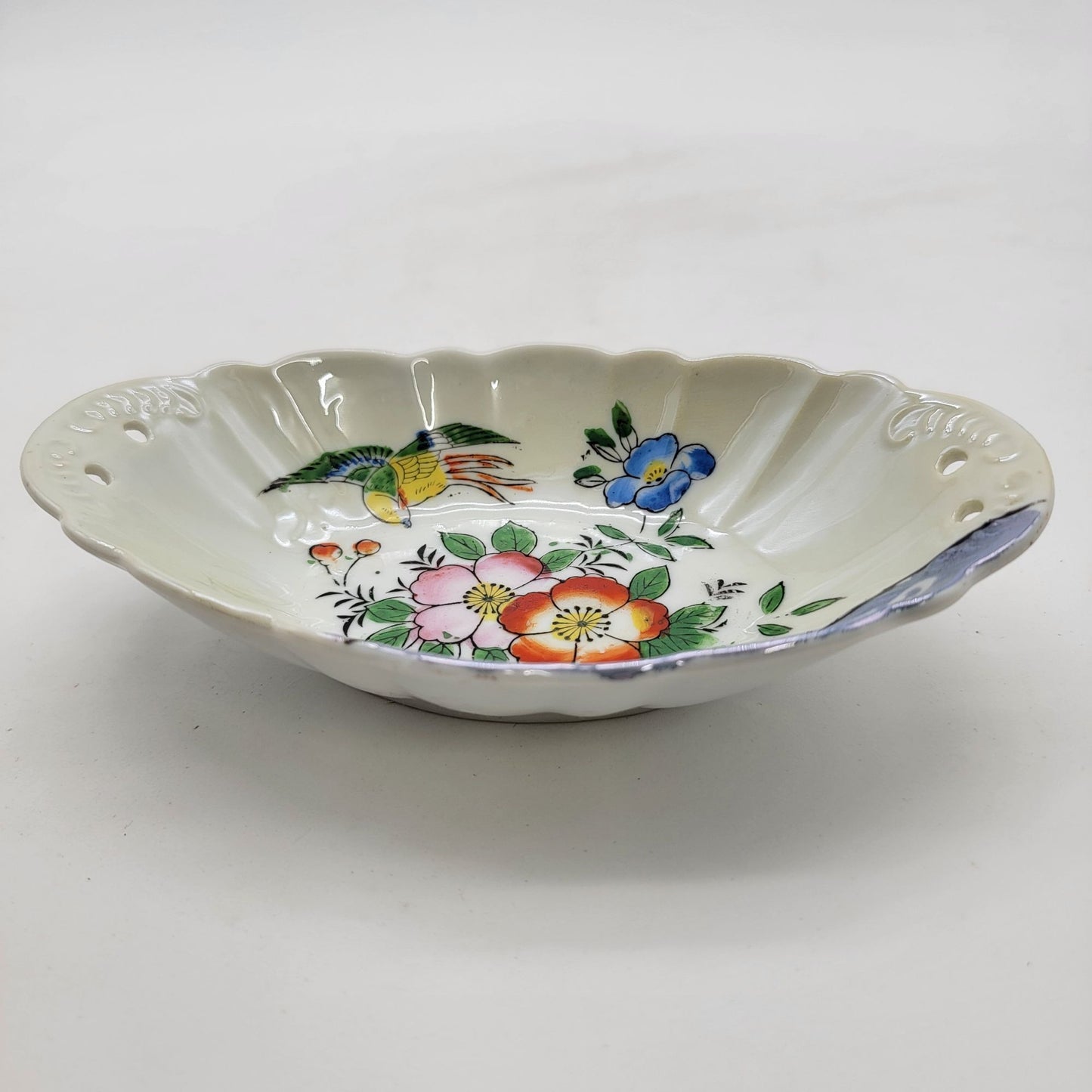Antique Japanese Hand-Painted Porcelain Dish With Floral & Bird Design