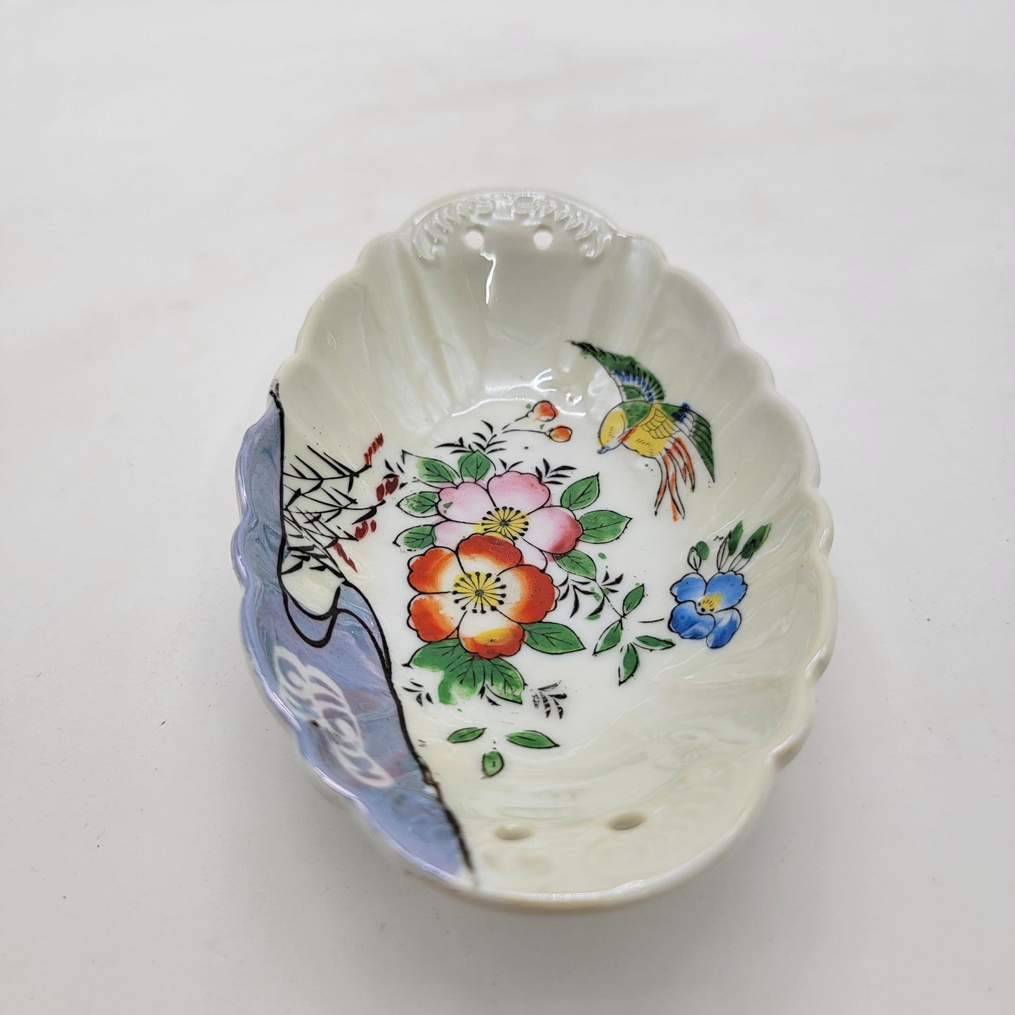Antique Japanese Hand-Painted Porcelain Dish With Floral & Bird Design