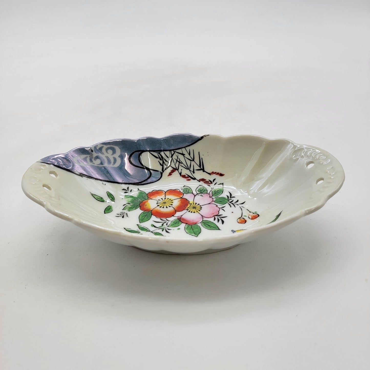 Antique Japanese Hand-Painted Porcelain Dish With Floral & Bird Design