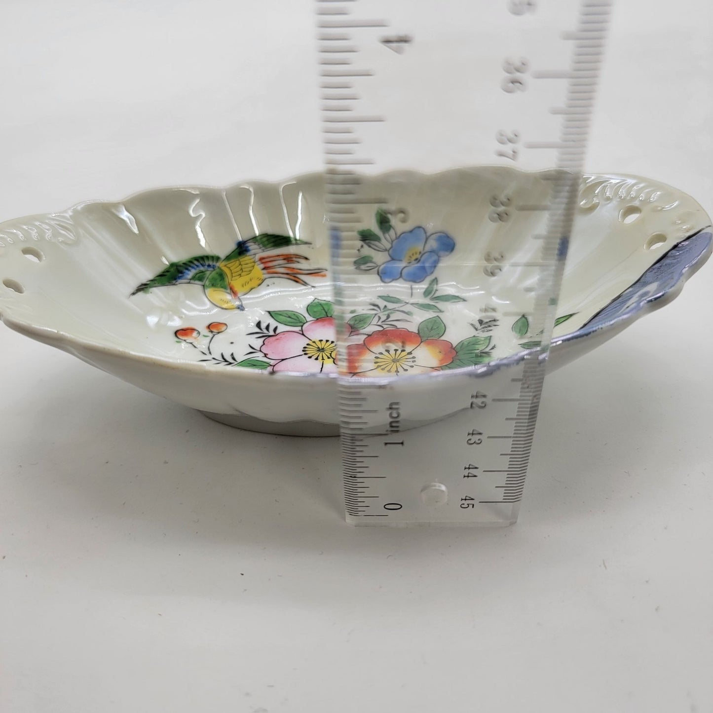 Antique Japanese Hand-Painted Porcelain Dish With Floral & Bird Design