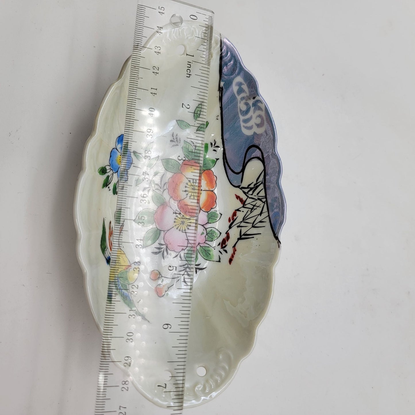 Antique Japanese Hand-Painted Porcelain Dish With Floral & Bird Design