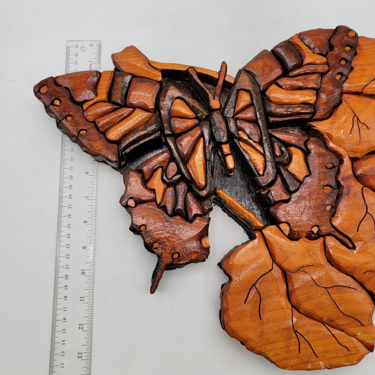 Vintage Intarsia Wood Wall Art Butterfly On Leaves
