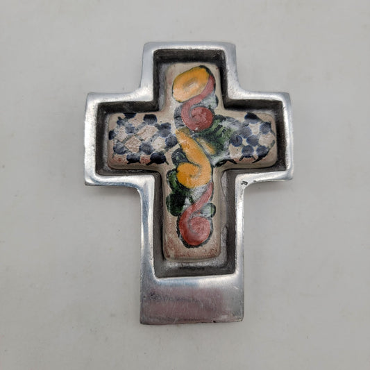 Talavera Mexican Pottery Cross In Pewter Wall Hanging