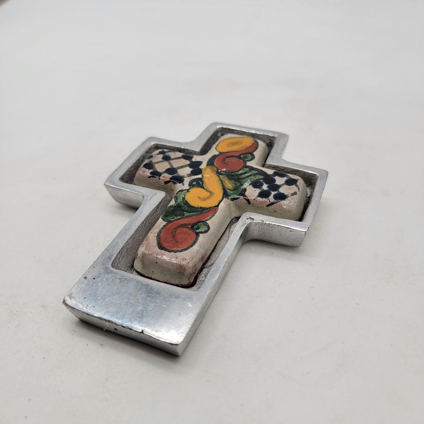 Talavera Mexican Pottery Cross In Pewter Wall Hanging