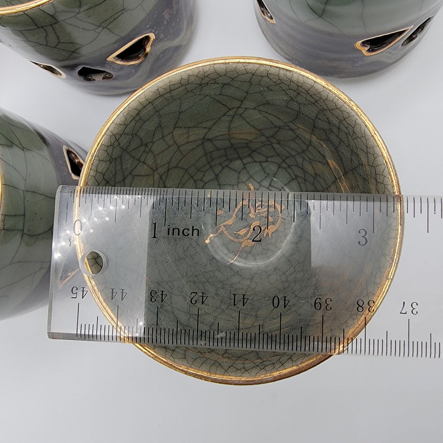 Vintage Somayaki Soma Ware Double Wall Tea Cups Set Of 5 Japanese Green Crackle