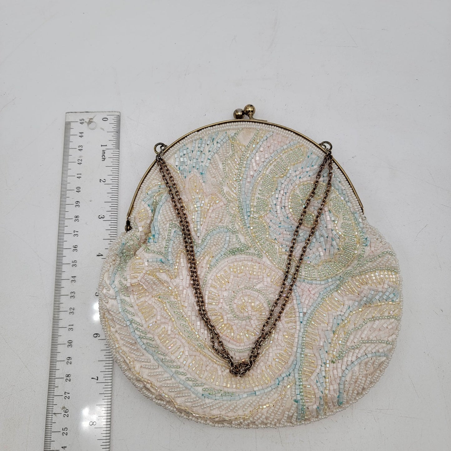 Vintage White Beaded Evening Clutch Purse With Chain Strap