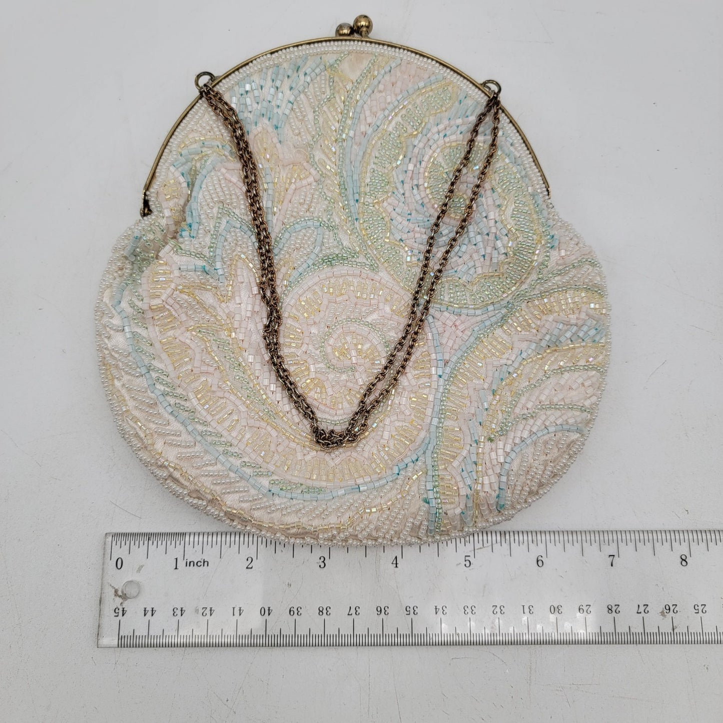 Vintage White Beaded Evening Clutch Purse With Chain Strap