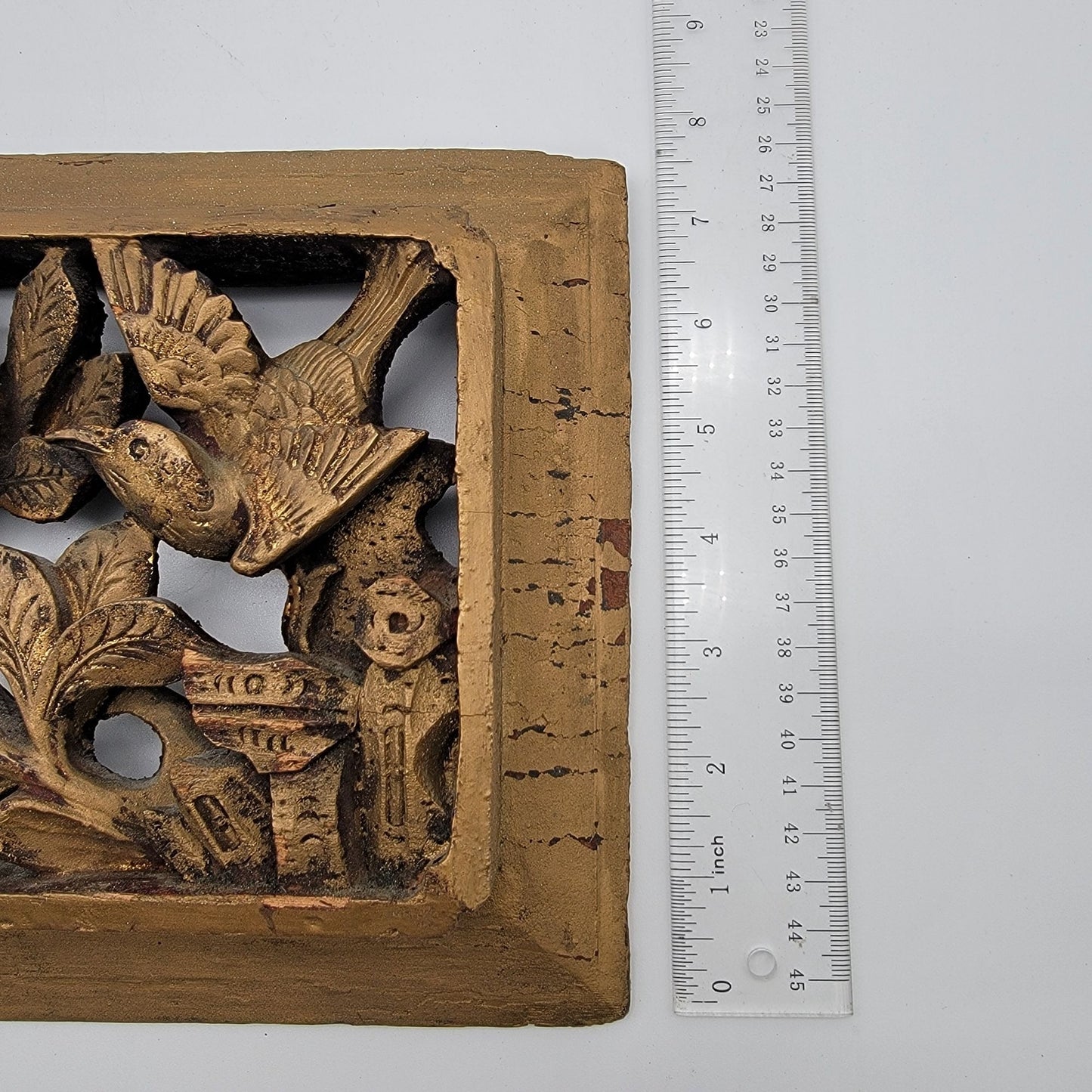 Vintage Gilded Hand-Carved Wood Relief Panel Birds & Flowers