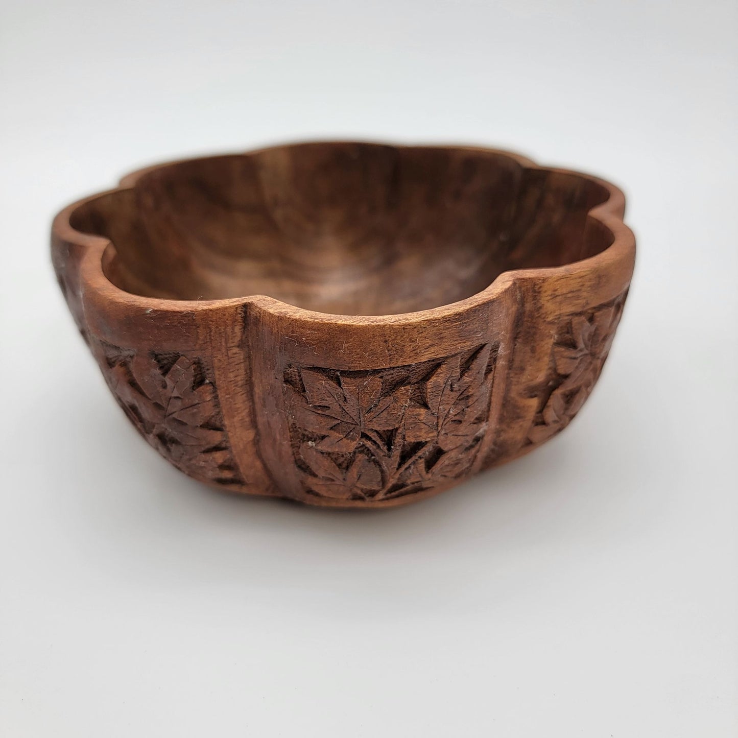 Hand-Carved Wooden Bowl With Leaf Design