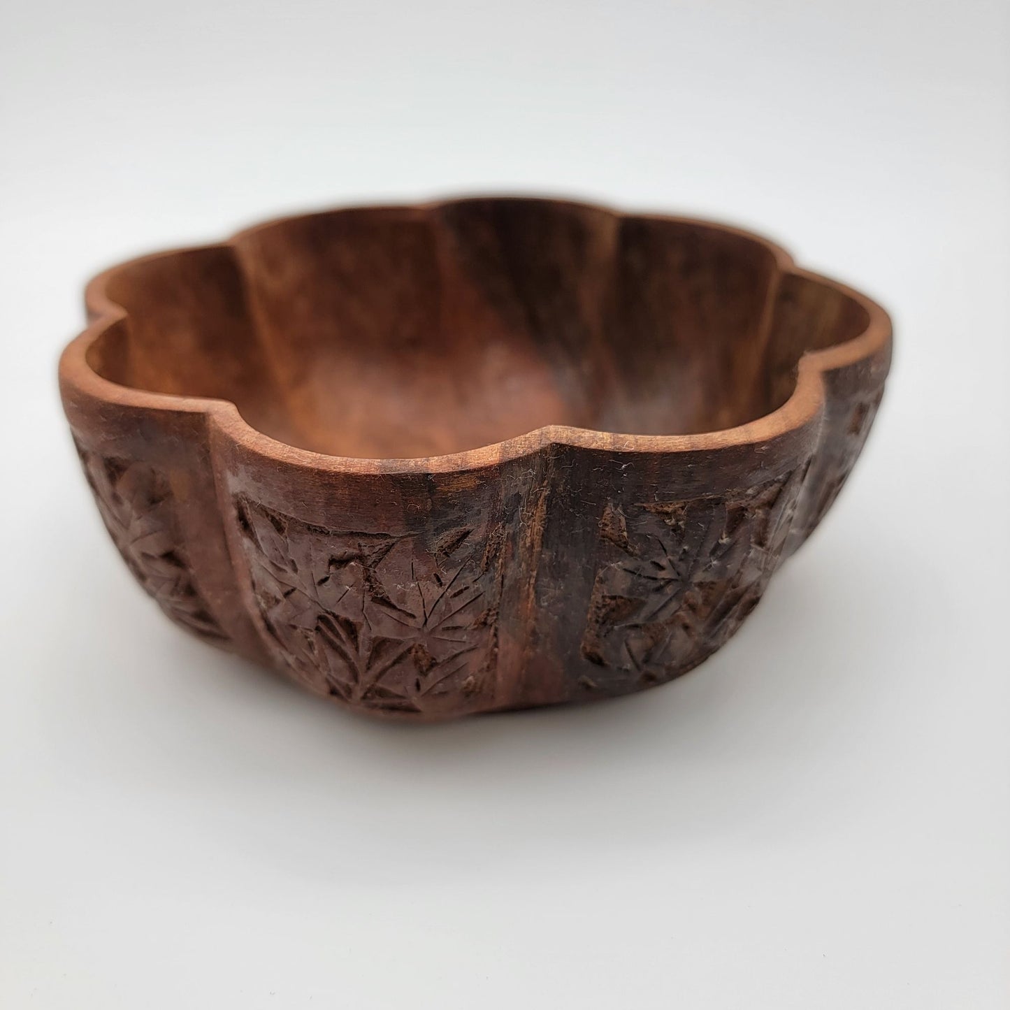 Hand-Carved Wooden Bowl With Leaf Design