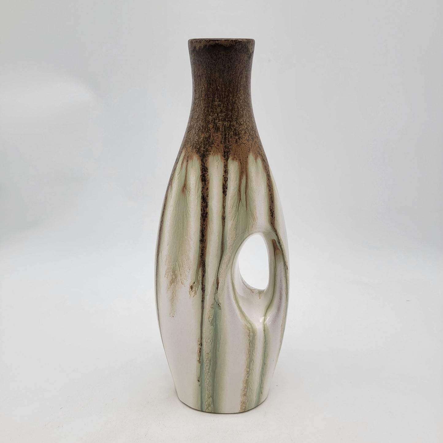 Vintage Ceramic Vase With Unique Handle Design Brown & Ivory Glazed Finish
