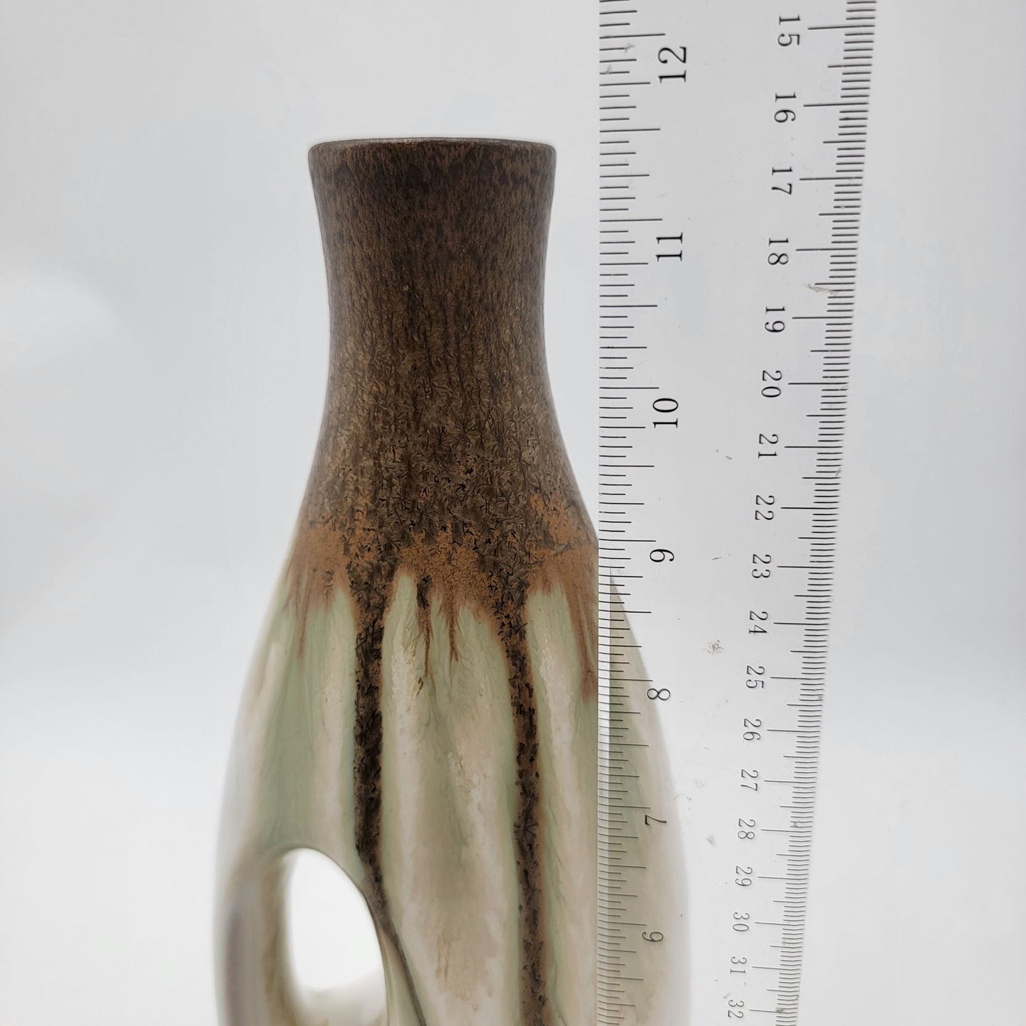 Vintage Ceramic Vase With Unique Handle Design Brown & Ivory Glazed Finish