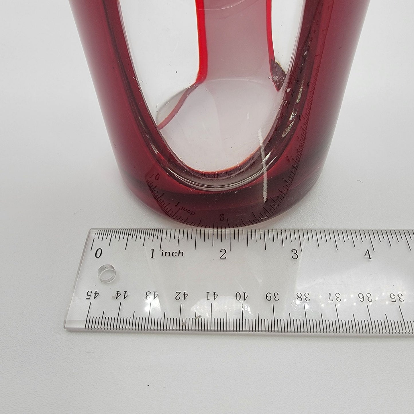 Hand Blown Red & White Cased Art Glass Vase With Abstract Cut Out Design