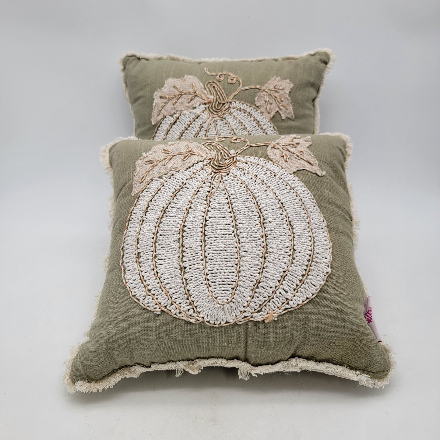Set Of 2 Harvest Moon Embroidered Cream Pumpkin Decorative Throw Pillows