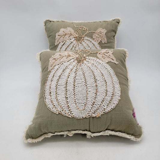 Set Of 2 Harvest Moon Embroidered Cream Pumpkin Decorative Throw Pillows