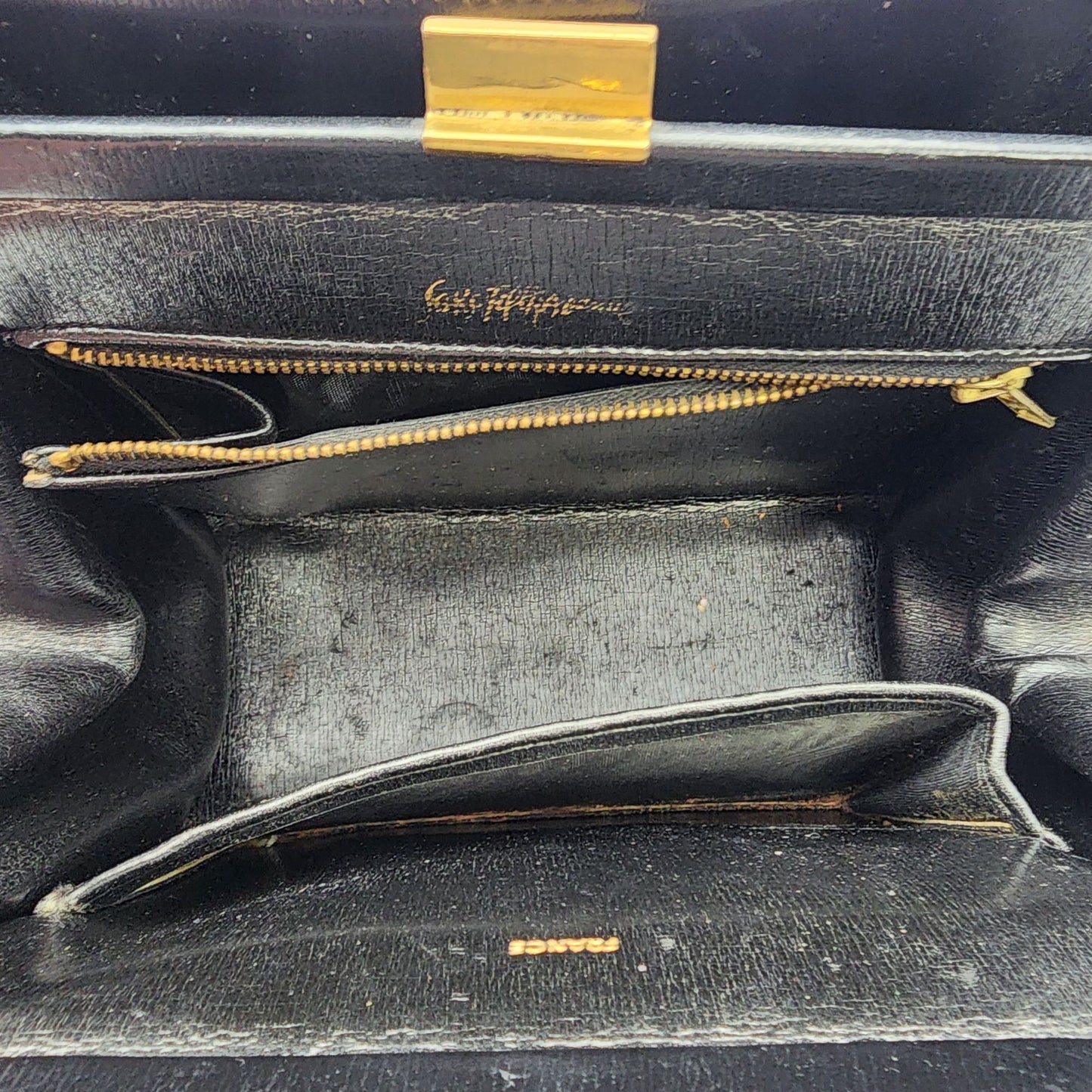 Vintage Coblentz Made in France Black Leather Handbag With Gold-Tone Details