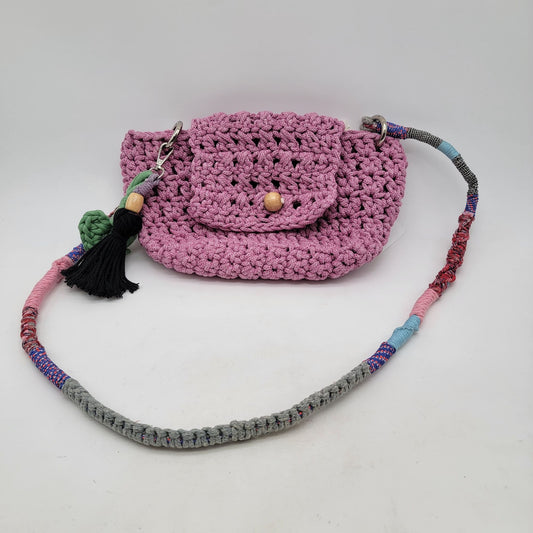 Handcrafted Shooci Crocheted Pink Shoulder Bag With Yarn Wrapped Strap & Tassel Accent