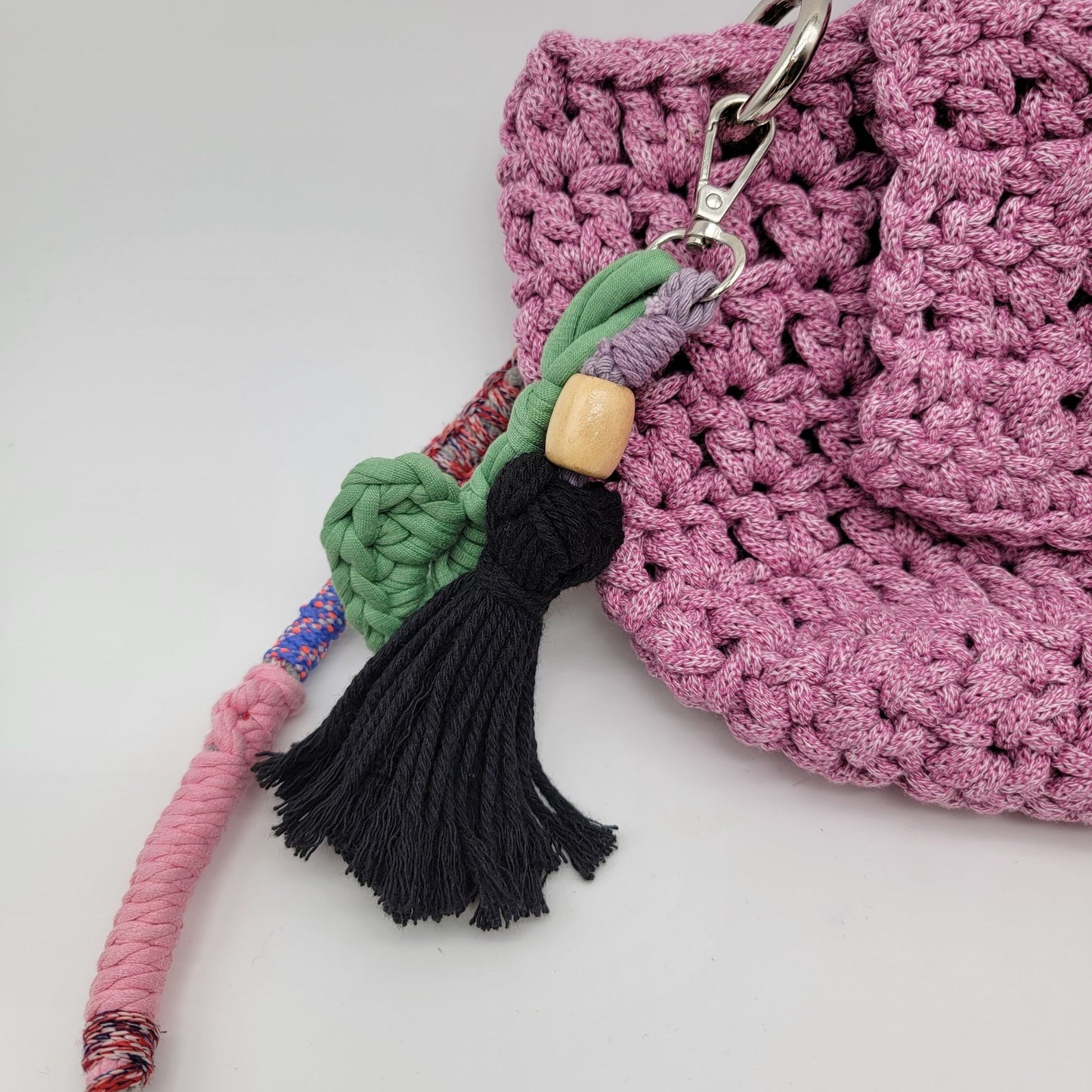 Handcrafted Shooci Crocheted Pink Shoulder Bag With Yarn Wrapped Strap & Tassel Accent