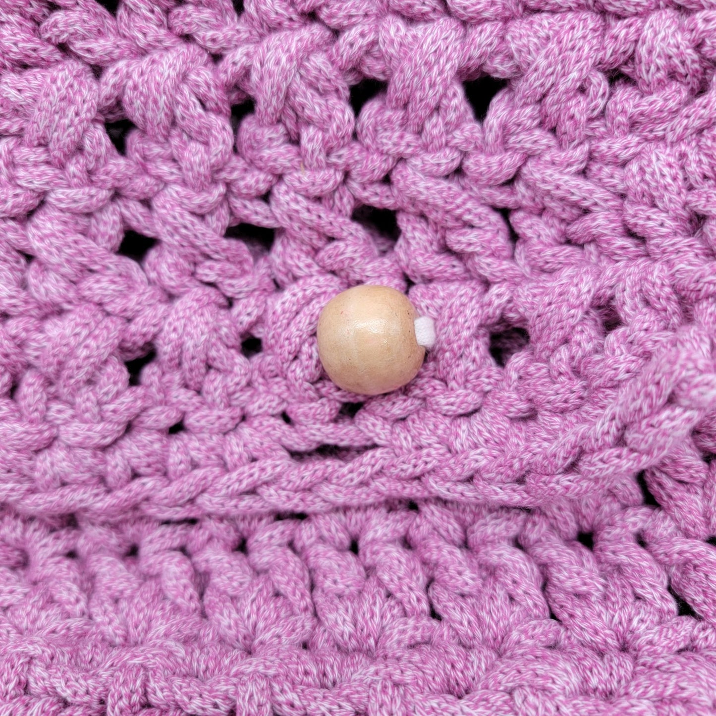 Handcrafted Shooci Crocheted Pink Shoulder Bag With Yarn Wrapped Strap & Tassel Accent