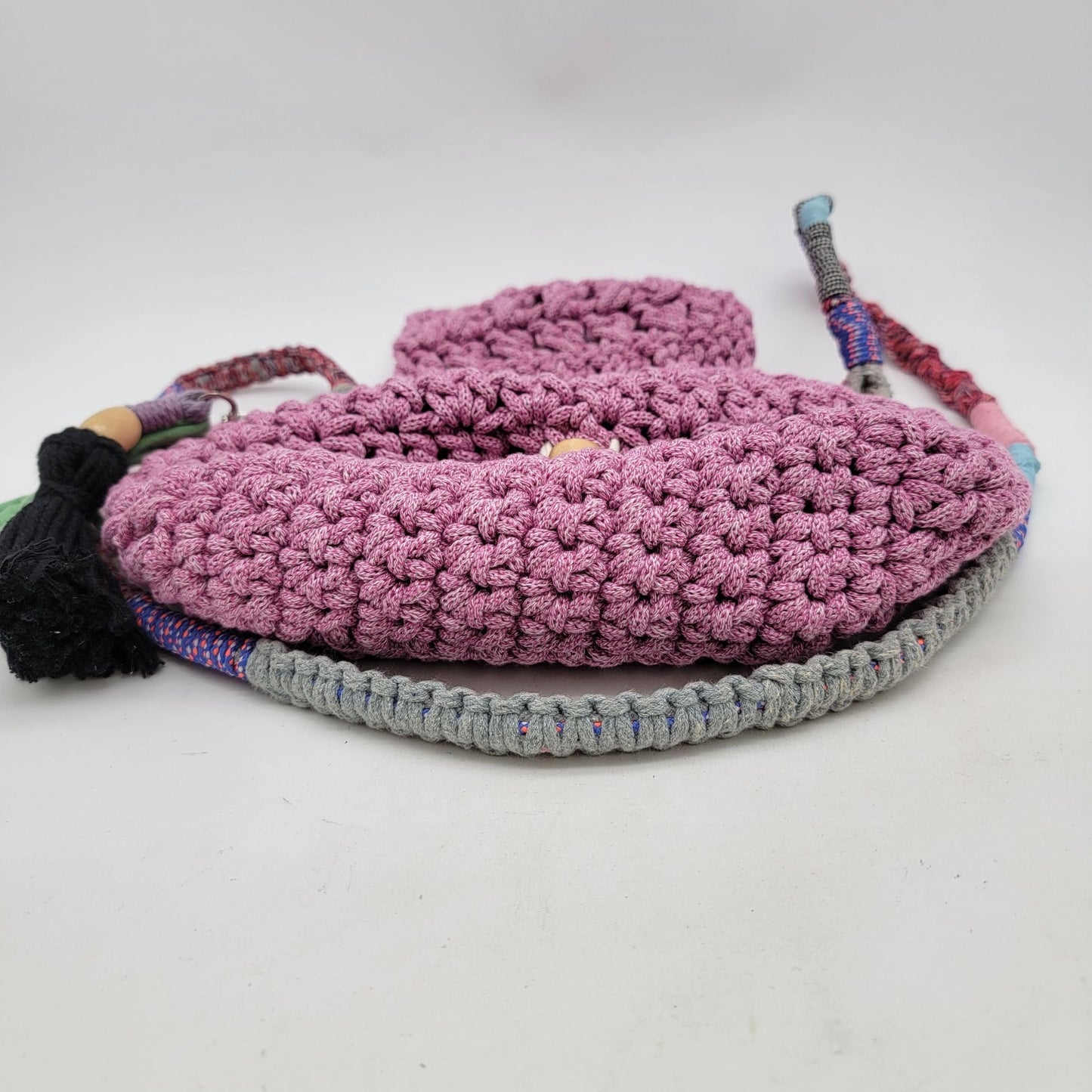Handcrafted Shooci Crocheted Pink Shoulder Bag With Yarn Wrapped Strap & Tassel Accent