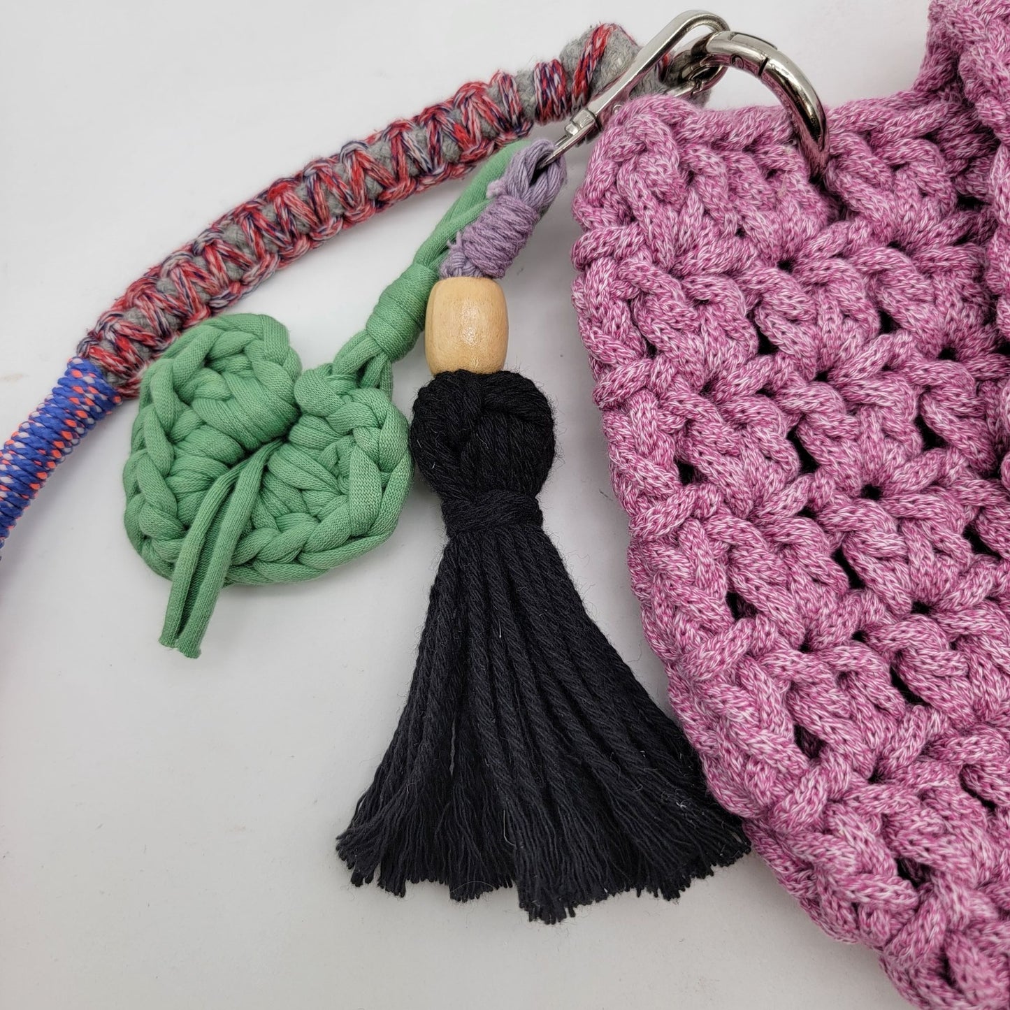 Handcrafted Shooci Crocheted Pink Shoulder Bag With Yarn Wrapped Strap & Tassel Accent