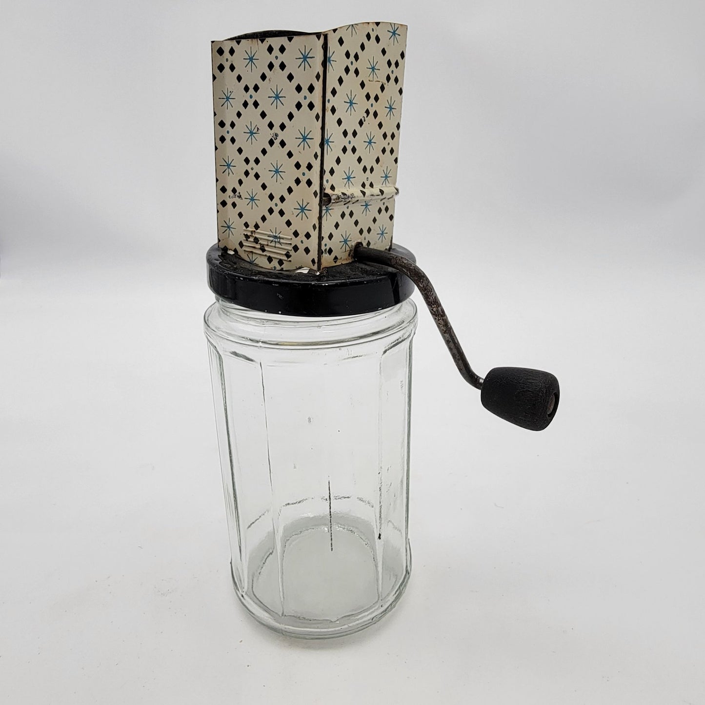 Vintage Mid Century Atomic Hand-Crank Glass Nut Chopper