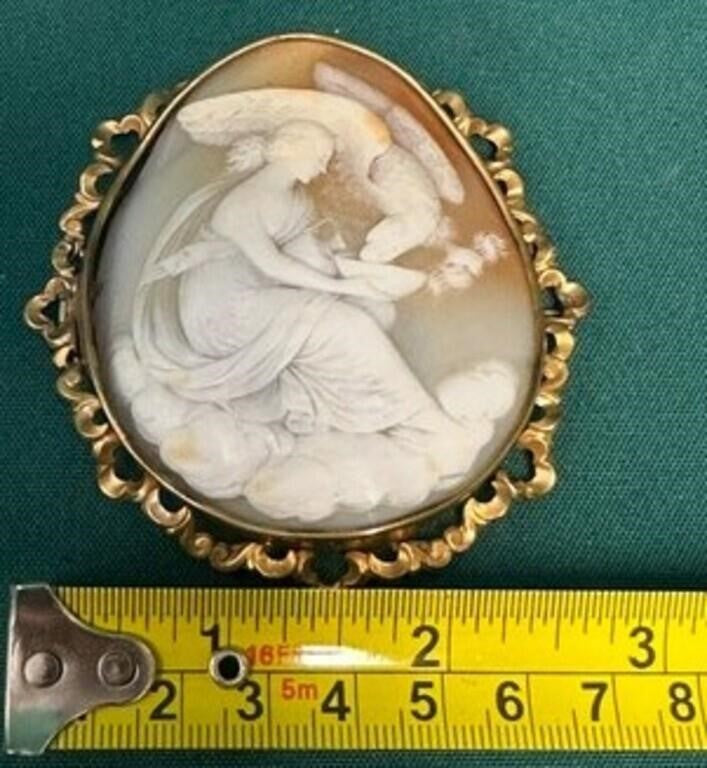 Large Antique CAMEO Hebe Carved Shell Hebe Feeding the Eagle of Zeus