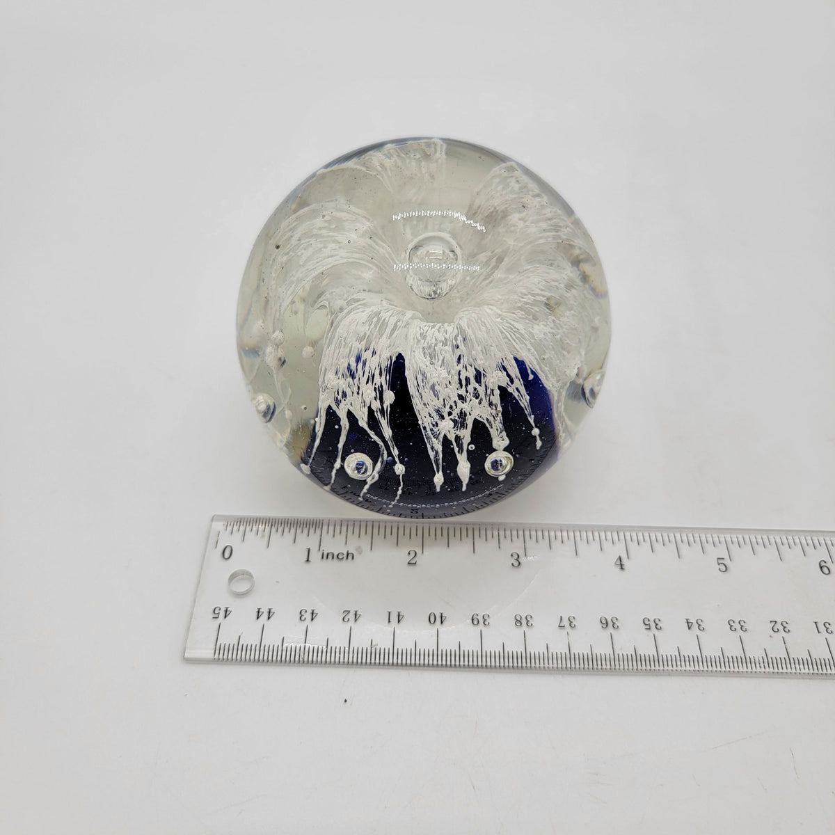 Magnum White Ghost Flower Cobalt Blue Glass Paperweight