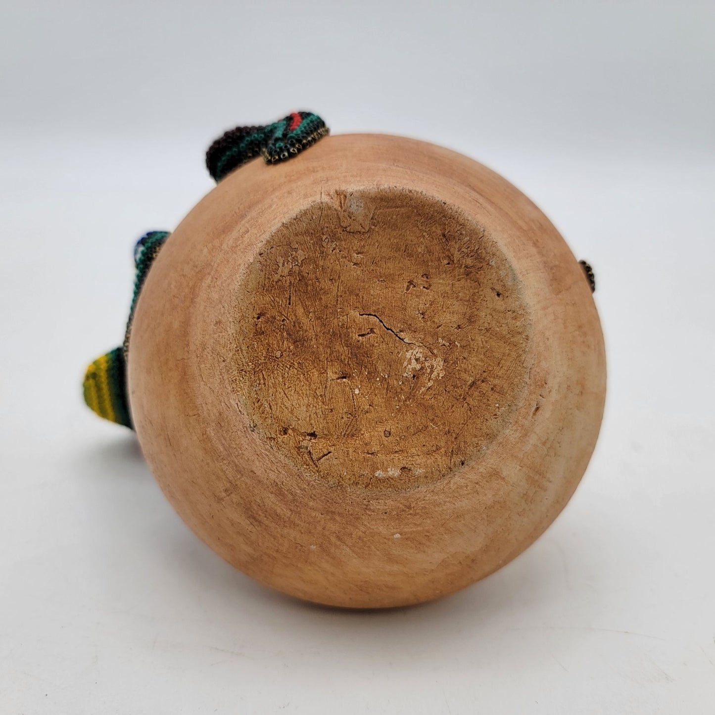 Huichol Beaded Gecko Lizard On Terra Cotta Pot Vintage Mexican Folk Art