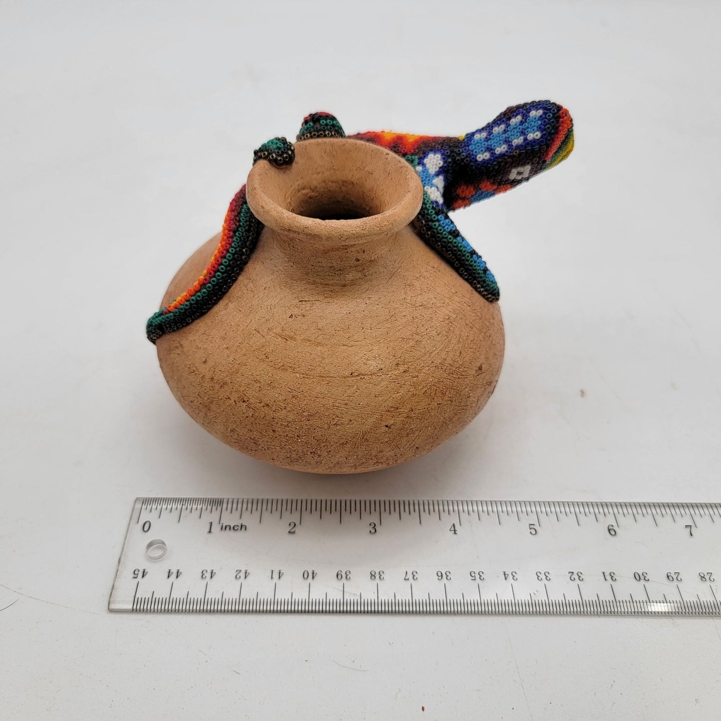 Huichol Beaded Gecko Lizard On Terra Cotta Pot Vintage Mexican Folk Art