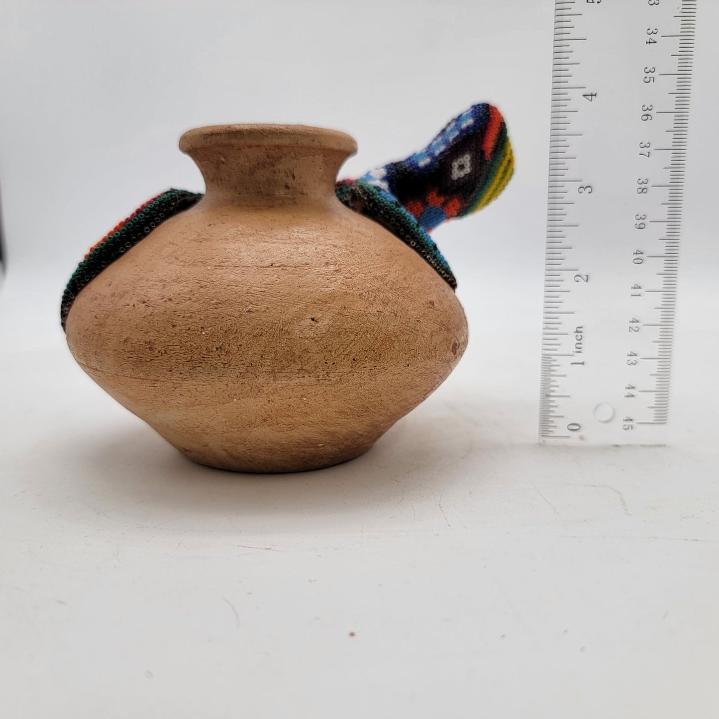 Huichol Beaded Gecko Lizard On Terra Cotta Pot Vintage Mexican Folk Art