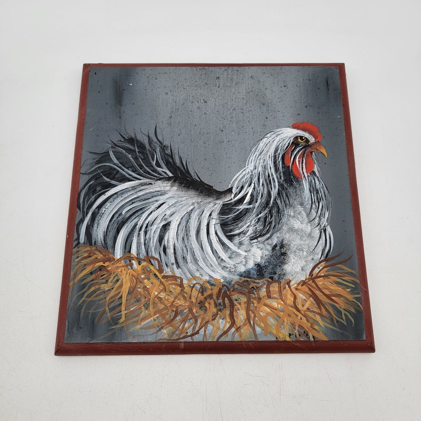 Hand-Painted Chicken Rooster In Nest Wooden Wall Art 10"x10"