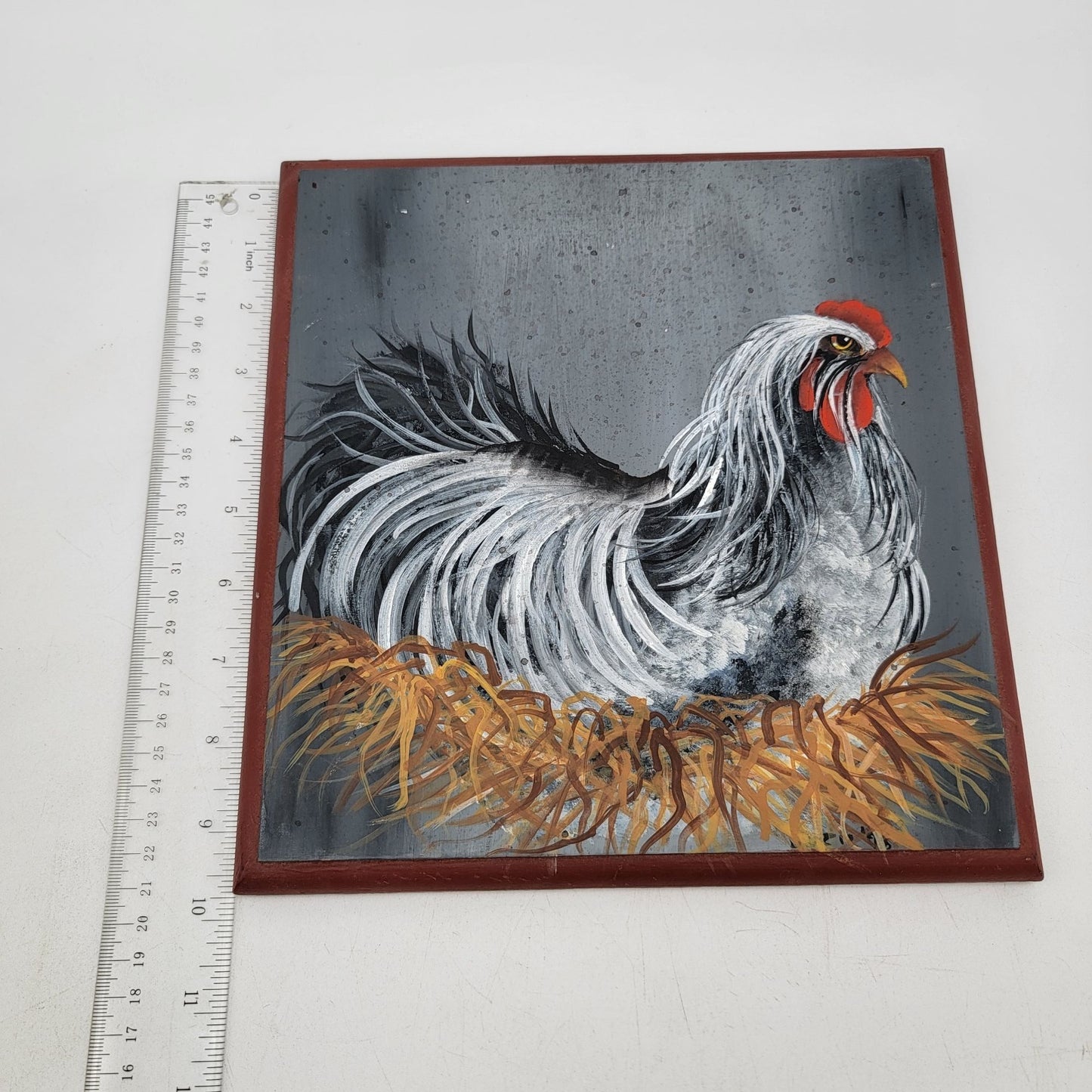 Hand-Painted Chicken Rooster In Nest Wooden Wall Art 10"x10"