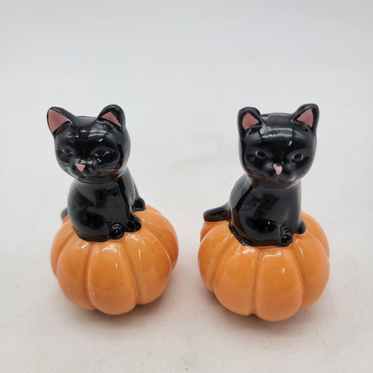 Black Cat On Pumpkin Salt & Pepper Shaker Set