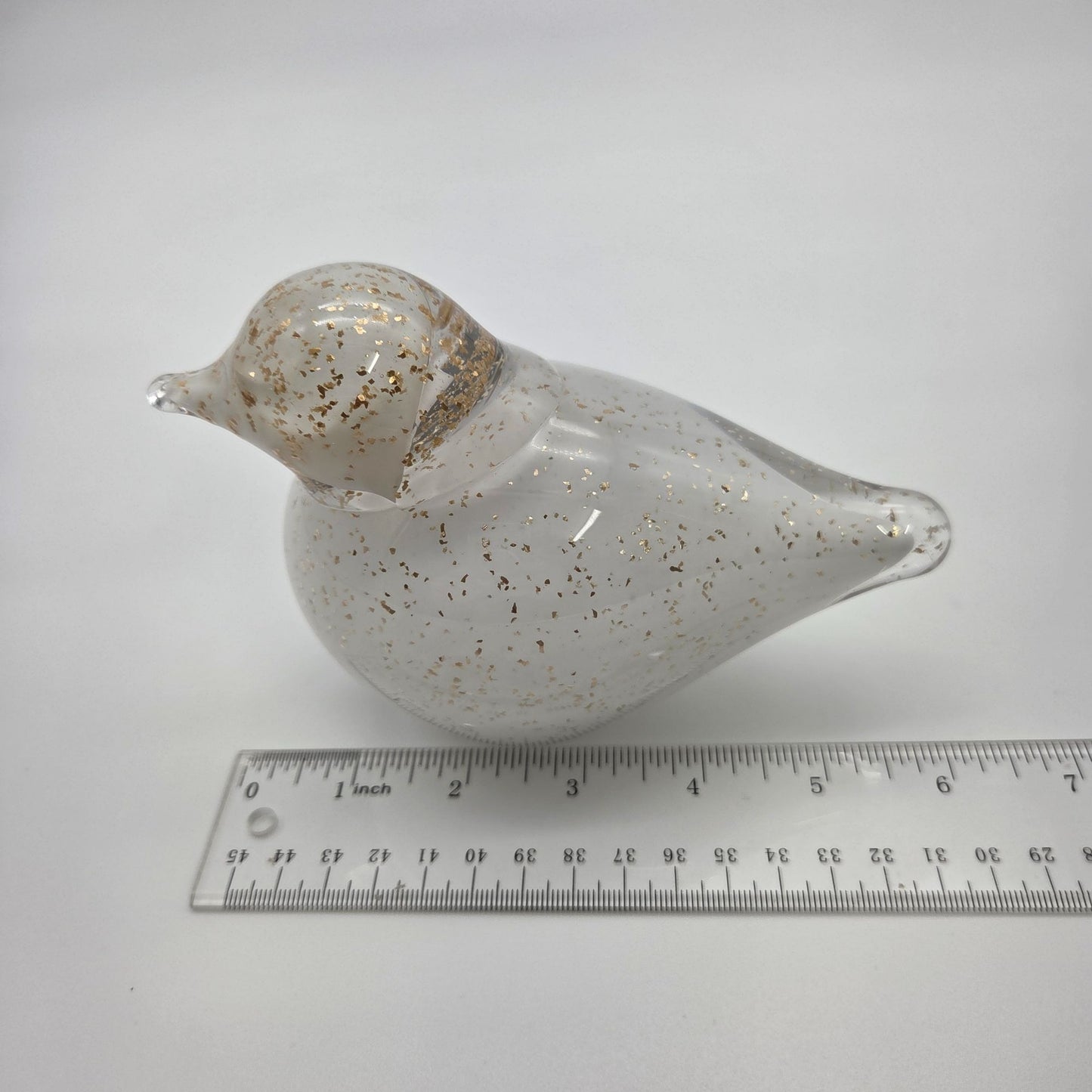 Art Glass Bird Sculpture With Aventurine Gold Flecks White