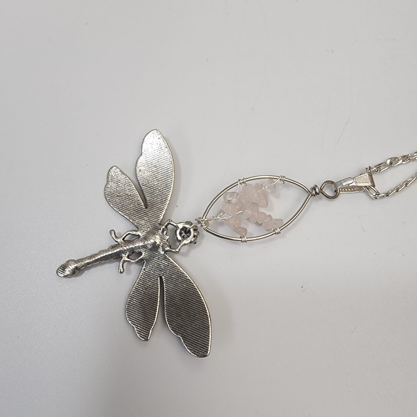 Artisan Enameled Dragonfly Pendant with Rose Quartz Tree Of Life Bale On Chain Necklace