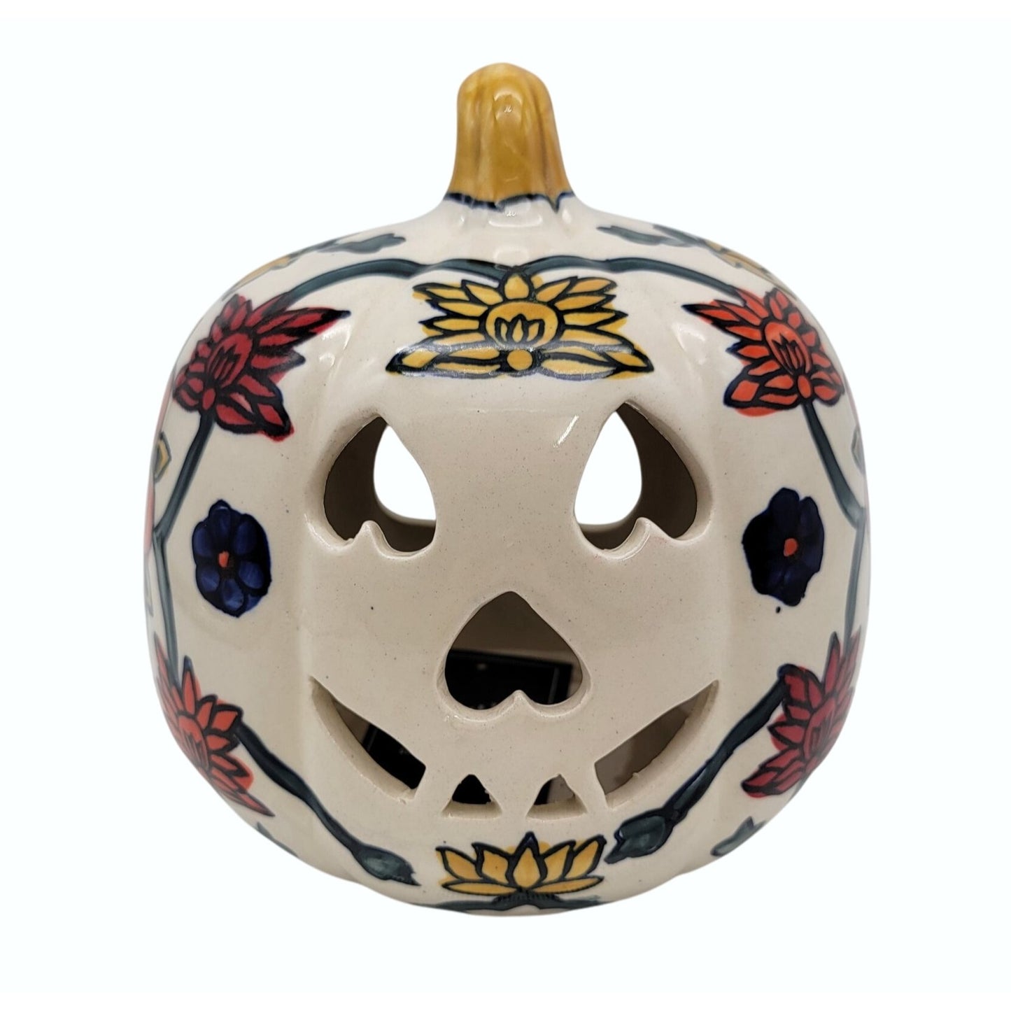 Talavera Style Halloween Pumpkin Jack-O-Lantern White with Large Orange Yellow Flower