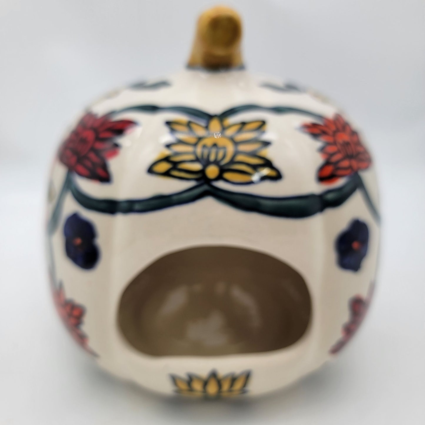 Talavera Style Halloween Pumpkin Jack-O-Lantern White with Large Orange Yellow Flower
